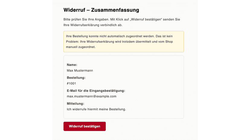 Zusammenfassung des Widerrufs vor dem Absenden