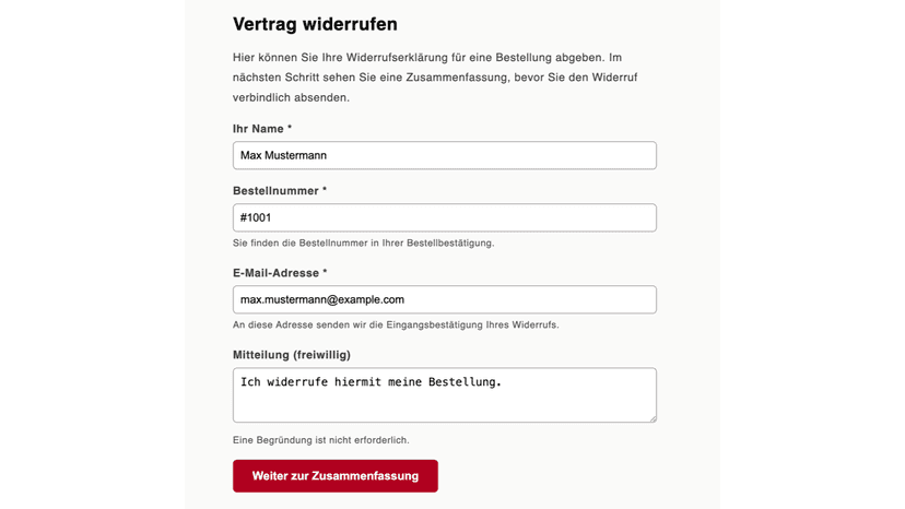 Storefront-Widerrufsformular mit Vertrag-widerrufen-Button