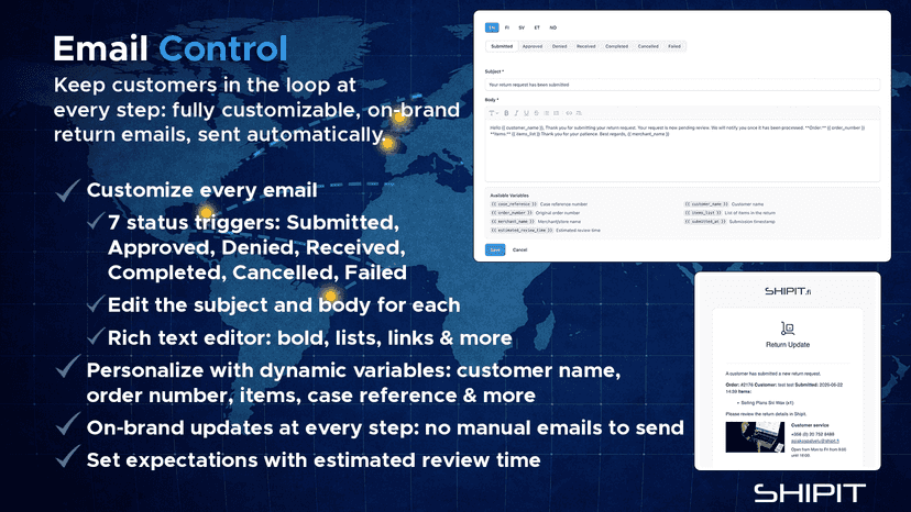Email Control: customizable automated return status emails