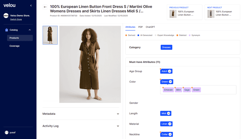 Product detail page with Velou generated attributes and values.
