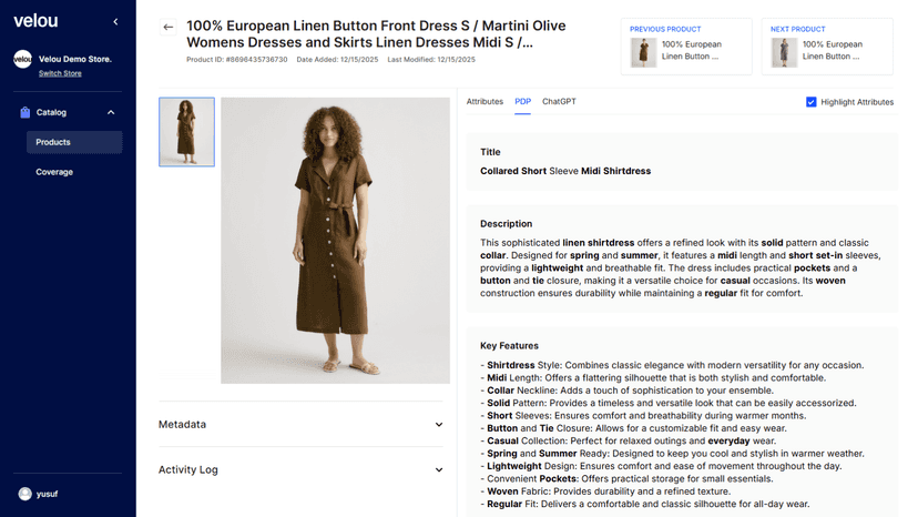 Product detail page with Velou generated PDP content.