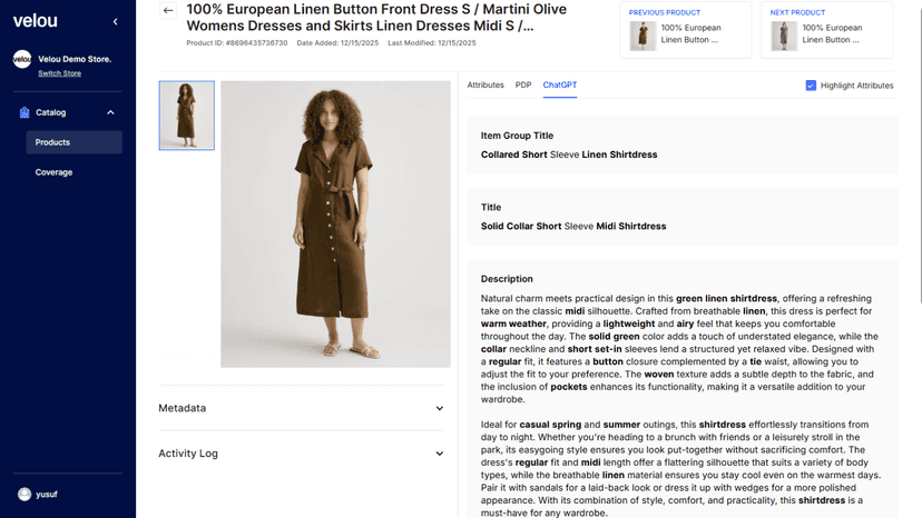 Product detail page with Velou generated ChatGPT content.
