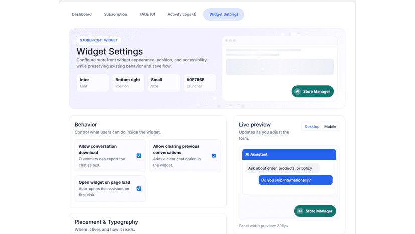 AI Manager - Storefront widget configuration