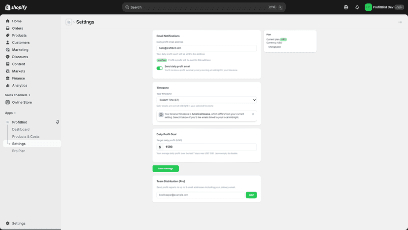 Email preferences, profit goals and currency settings