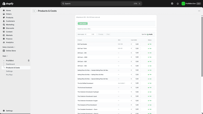 Product cost management with bulk COGS editing
