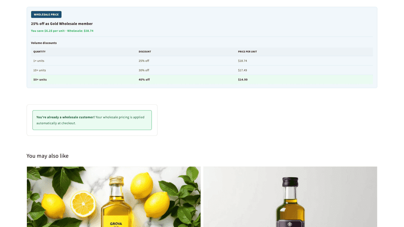 Wholesale pricing and volume tiers on product page