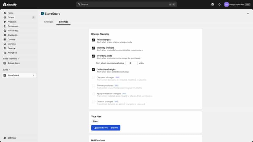 Settings page with monitor toggles and email config