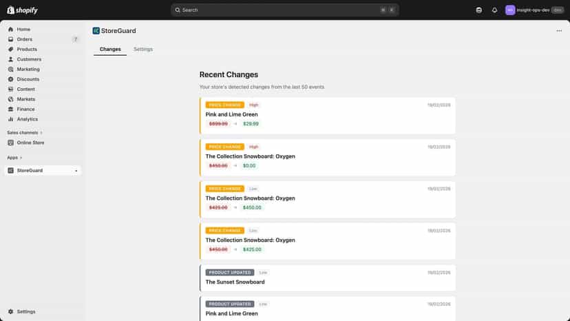 Changes timeline with price and inventory alerts