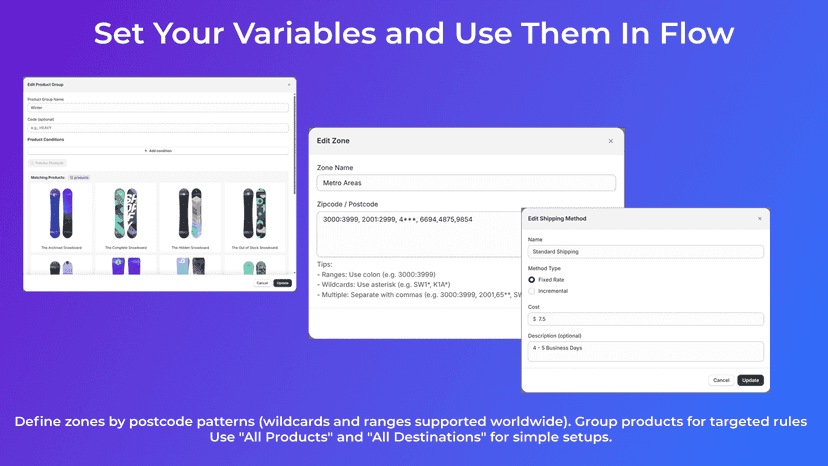 Set Variables like Product groups, Zones and shipping Rates