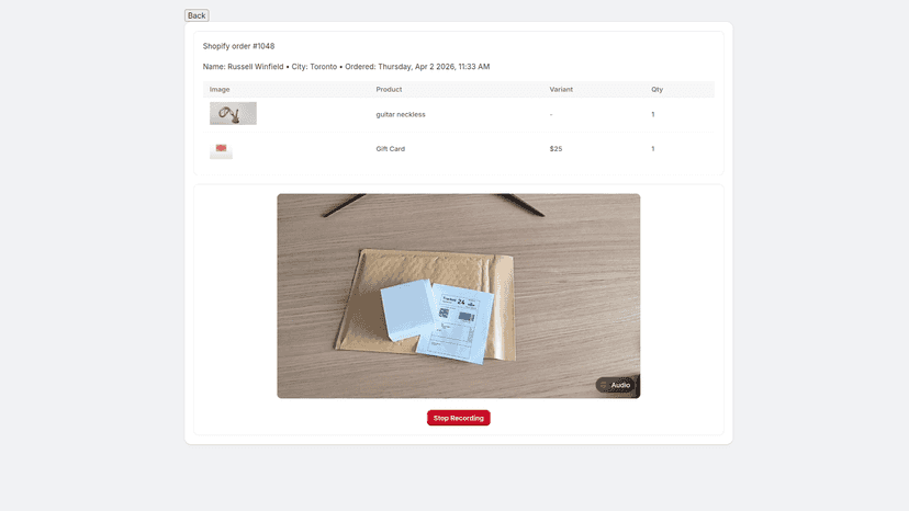 Recording packing an order