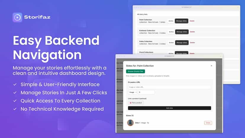 Storifaz easy backend dashboard for managing story lists.