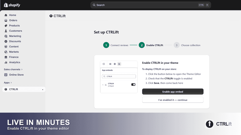 CTRLift setup — enabling the app embed in Shopify theme editor