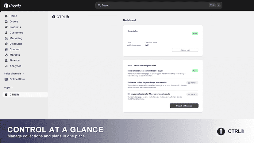 CTRLift dashboard — active collection and plan features