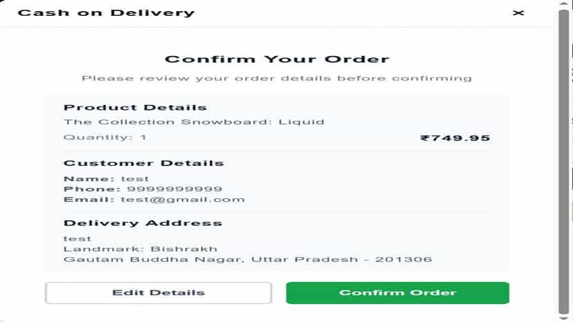 Order confirmation screen shows customer their order details