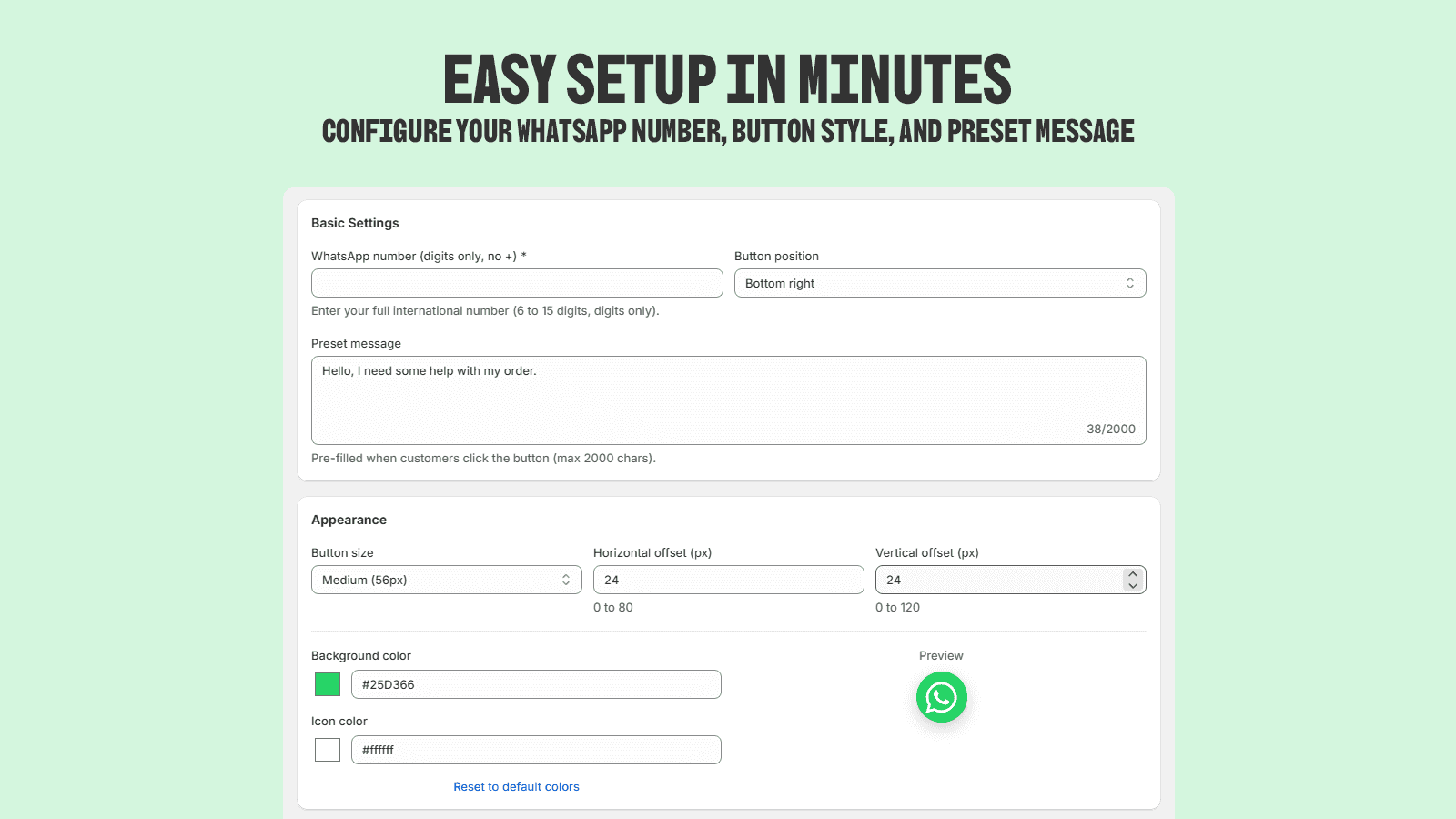 180Chat settings page with WhatsApp button configuration