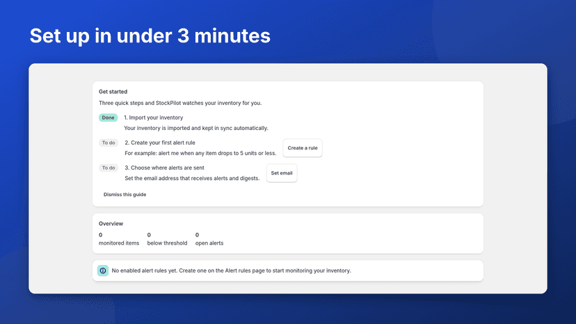 Three-step getting started guide on the app dashboard