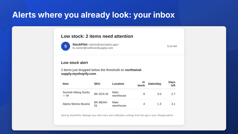 Low stock alert email showing item, location, remaining stock
