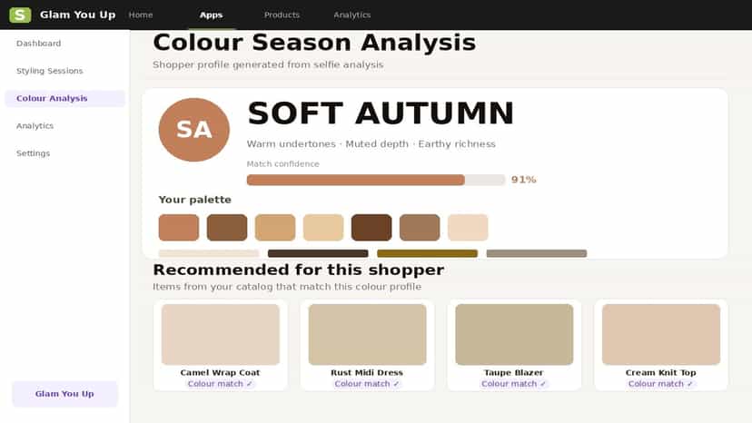 AI colour season analysis result with matched product palette