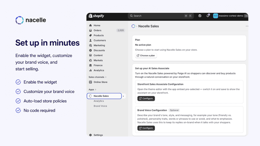 Nacelle Sales app home setup screen in Shopify admin.