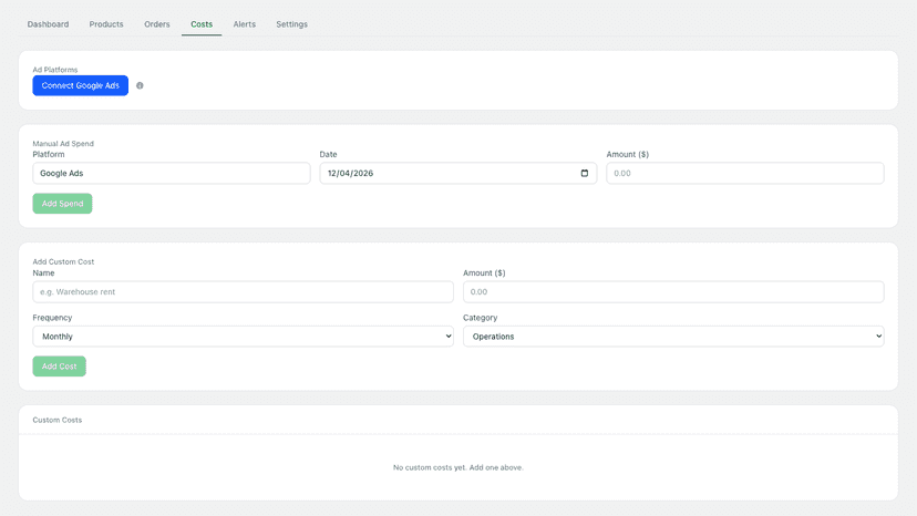 Cost management with ad spend tracking and custom costs