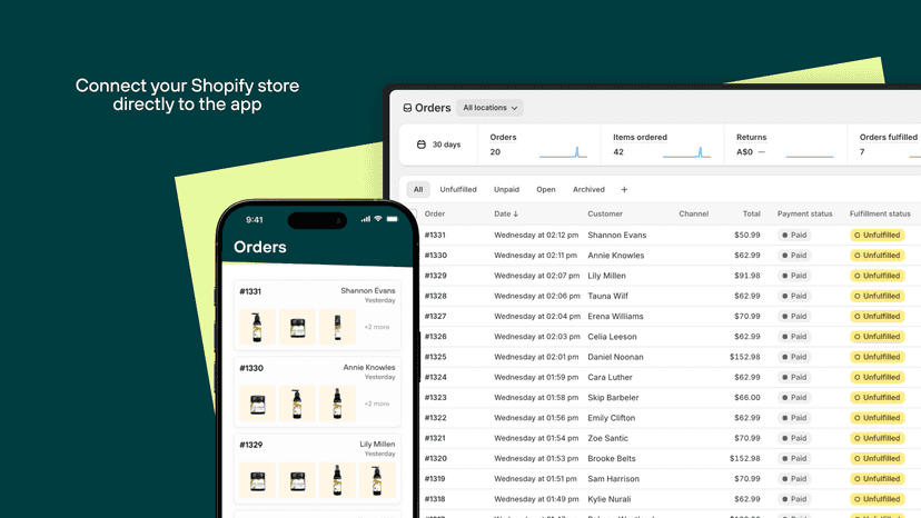 A mobile phone showing Packsmith and shopify order list