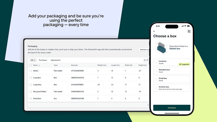 An image showing packaging and Packsmith app