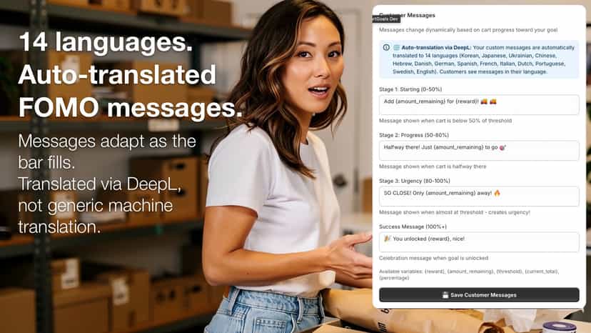 14 languages. Auto-translated FOMO messages.