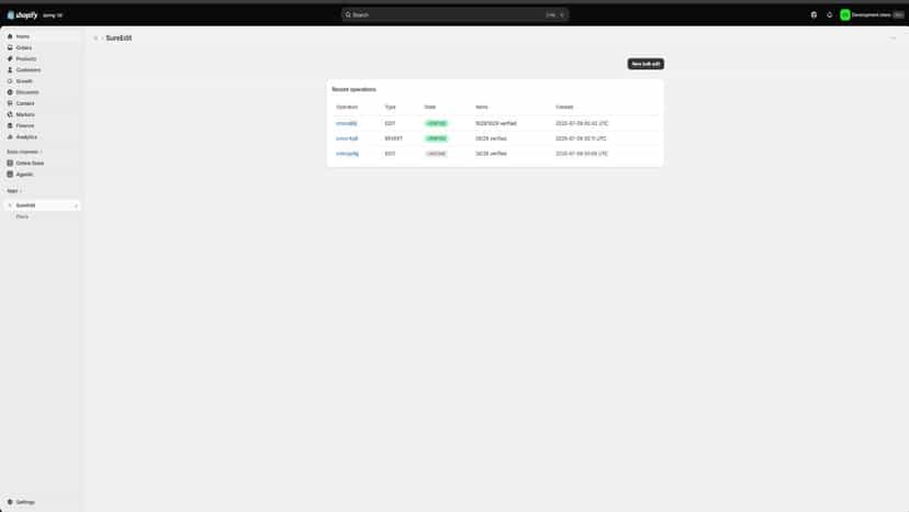 SureEdit dashboard listing recent bulk operations