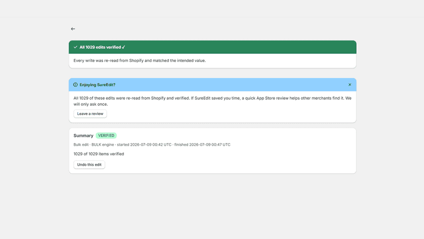 Product list with each edit verified by a green checkmark