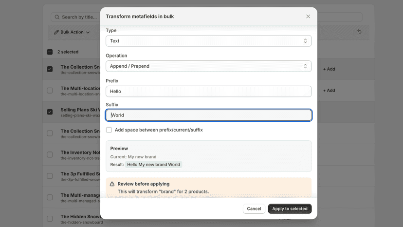 An image showing append / prepend text feature
