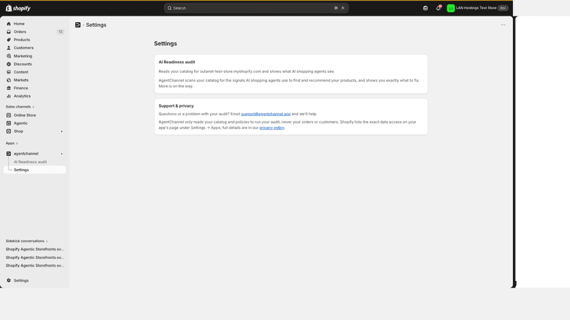 Settings: read-only, reads your catalog not orders