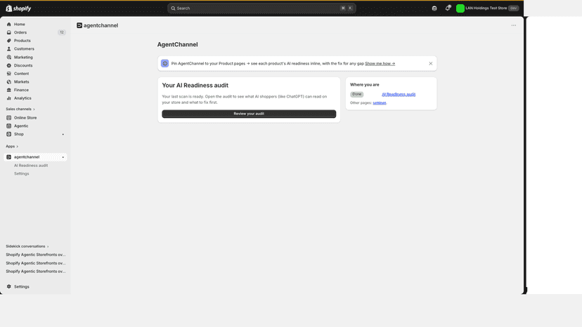 AgentChannel home with the AI Readiness audit card