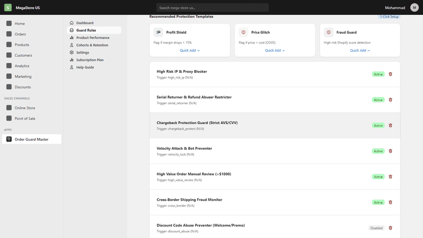 Rules engine automating order actions to prevent risky orders