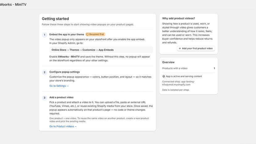 itWorks MiniTV setup dashboard in Shopify Admin with clear steps