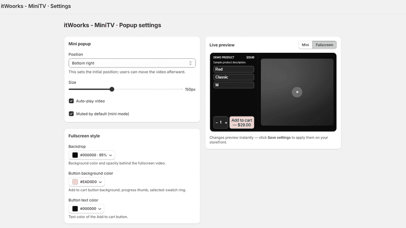 Live preview for MiniTV product video popups settings