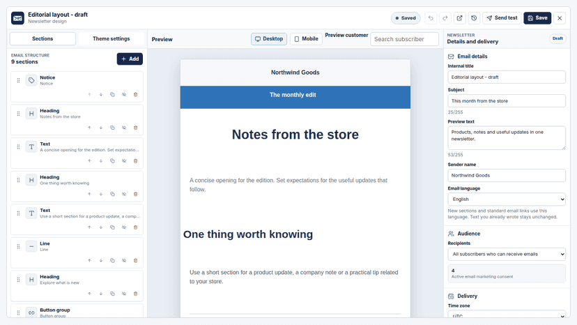 Newsletter editor with reusable sections and desktop preview