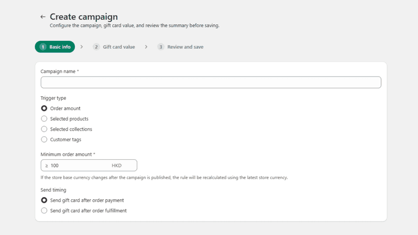 Campaign editor for gift card reward rules