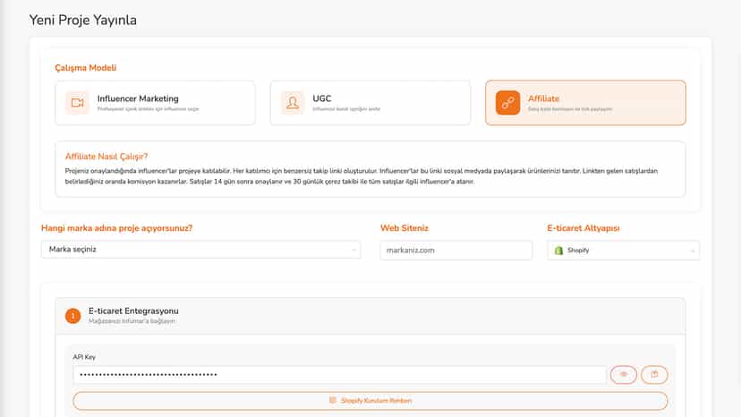Affiliate projesi açın