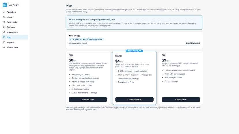 Plan page with Free, Starter and Pro tiers and a usage meter