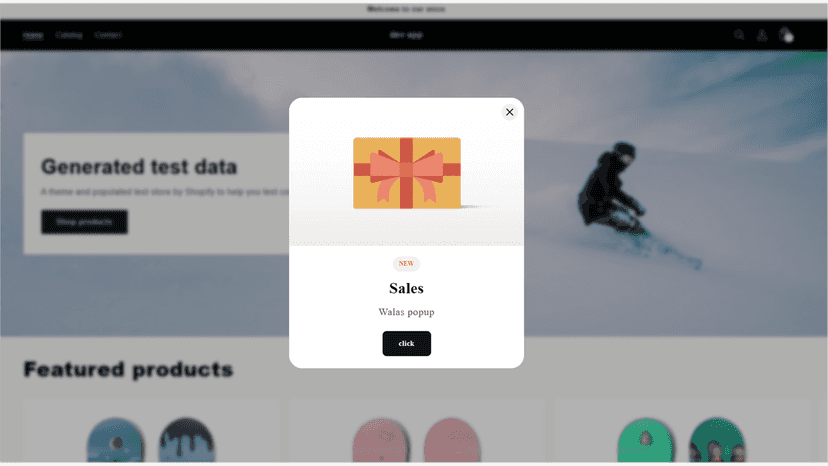 Walas Popup announcement shown on a store home page