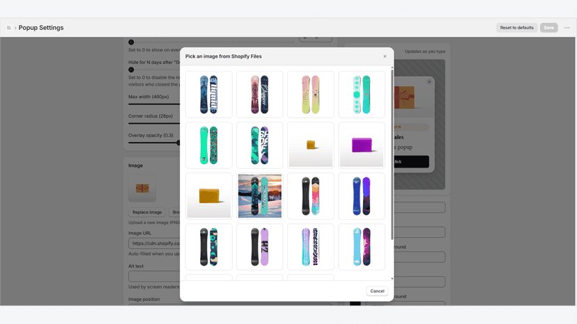 Choosing a popup image from Shopify Files