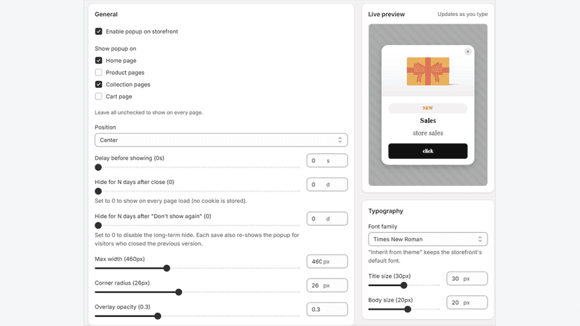 Walas Popup settings page with live popup preview