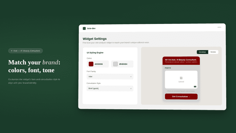Avie admin Widget Settings page with color pickers, font selecto