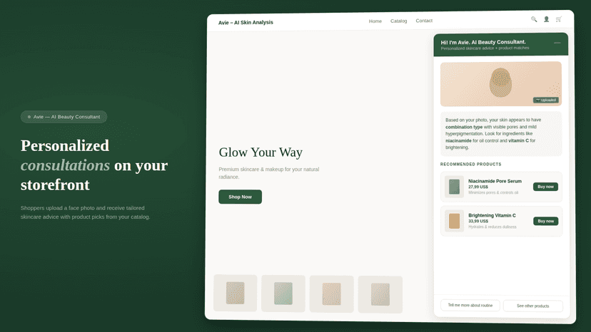 Avie AI Beauty Consultant widget on a Shopify storefront showing