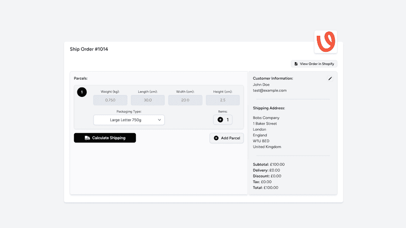 Demo order being loaded into app to generate shipping label for
