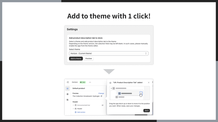 Add to theme with 1 click!