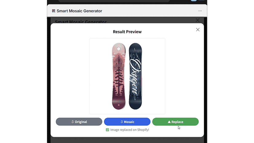 One-click 'Replace' button updating the original product image.