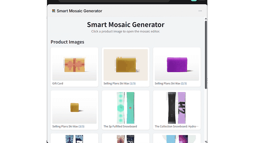 Dashboard showing a grid of existing Shopify product images.