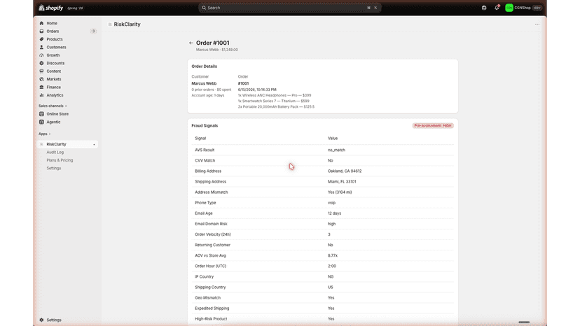 Fraud signals and pre-assessment for an order