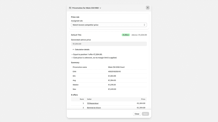 Bekijk productdetails met links naar elke concurrent